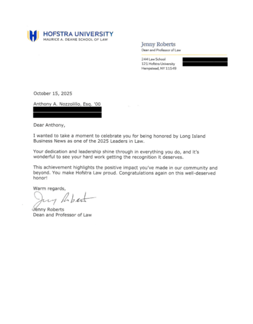 Anthony A. Nozzolillo, Esq Hofstra Law Dean Letter of Acknowledgement Long Island Business News 2025