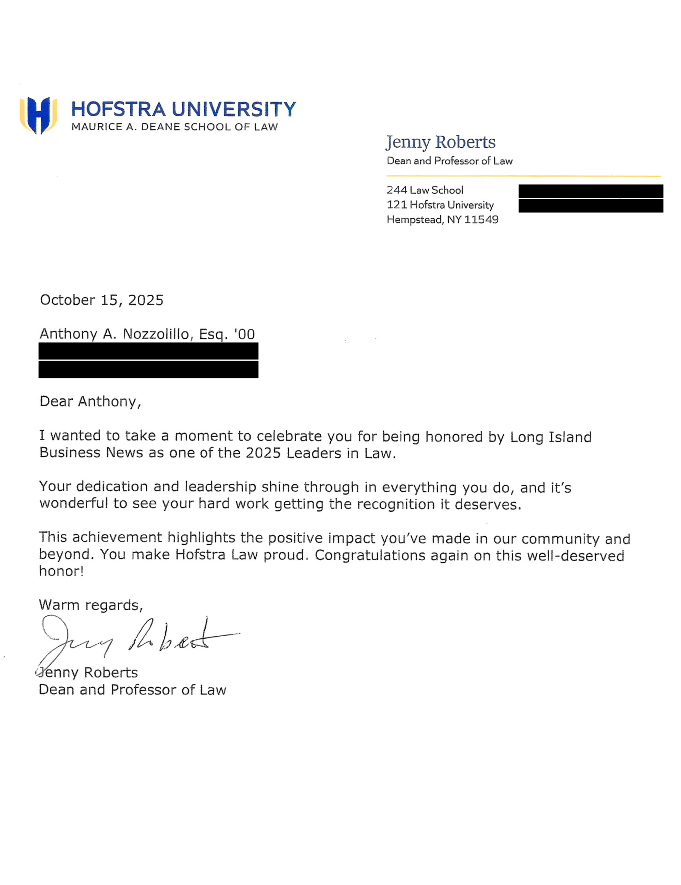 Anthony A. Nozzolillo, Esq Hofstra Law Dean Letter of Acknowledgement Long Island Business News 2025